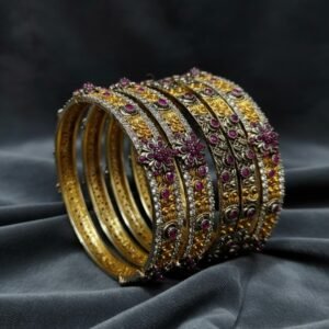 Traditional Gold Bangles Set with Red & White Stones – Bridal & Festive Elegance